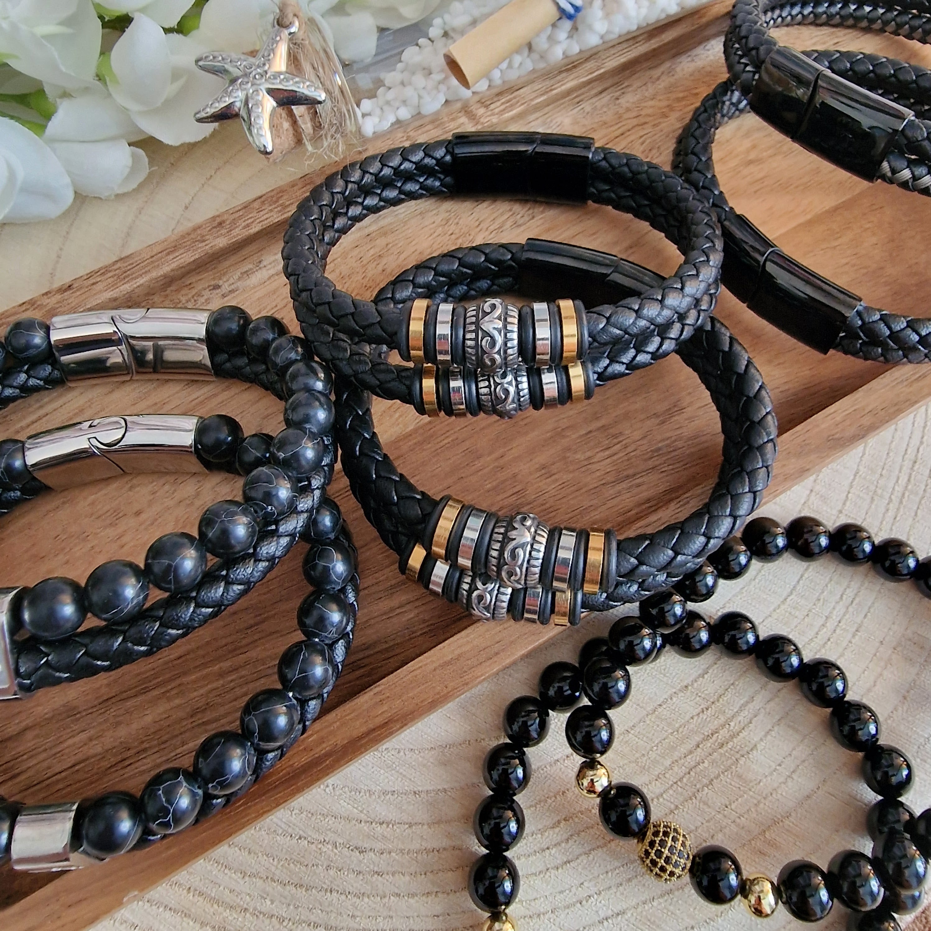 Schwarzes Leder Herren Armband geflochten mit Magnetverschluss