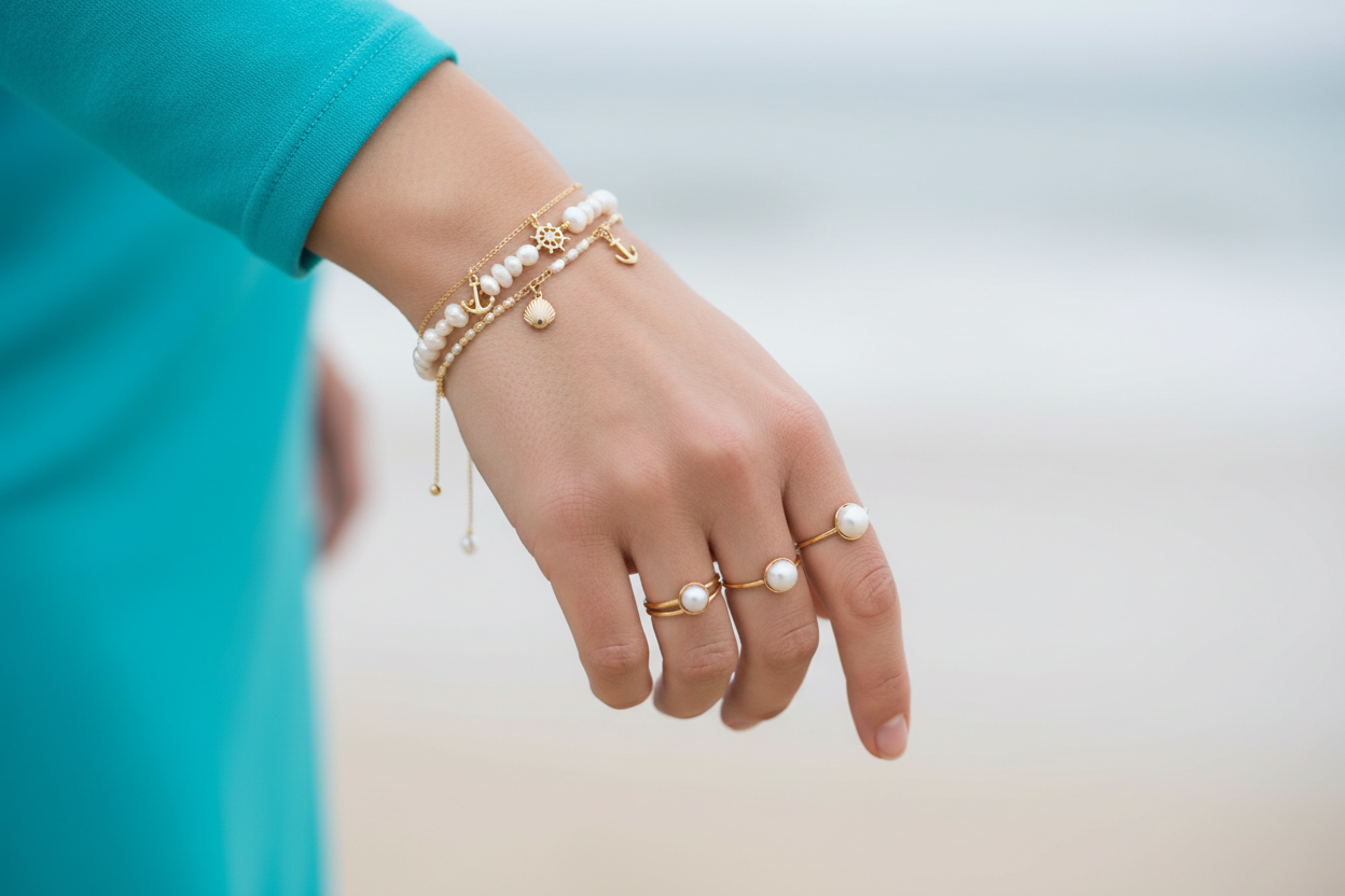 Hand mit Schmuck und türkisfarbenem Oberteil