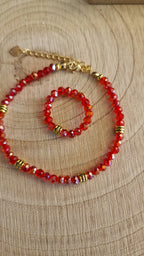 Armband mit roten Kristallperlen und passendem Ring - Komplettset