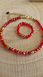 Armband mit roten Kristallperlen und passendem Ring - Komplettset