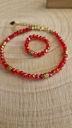 Armband mit roten Kristallperlen und passendem Ring - Komplettset