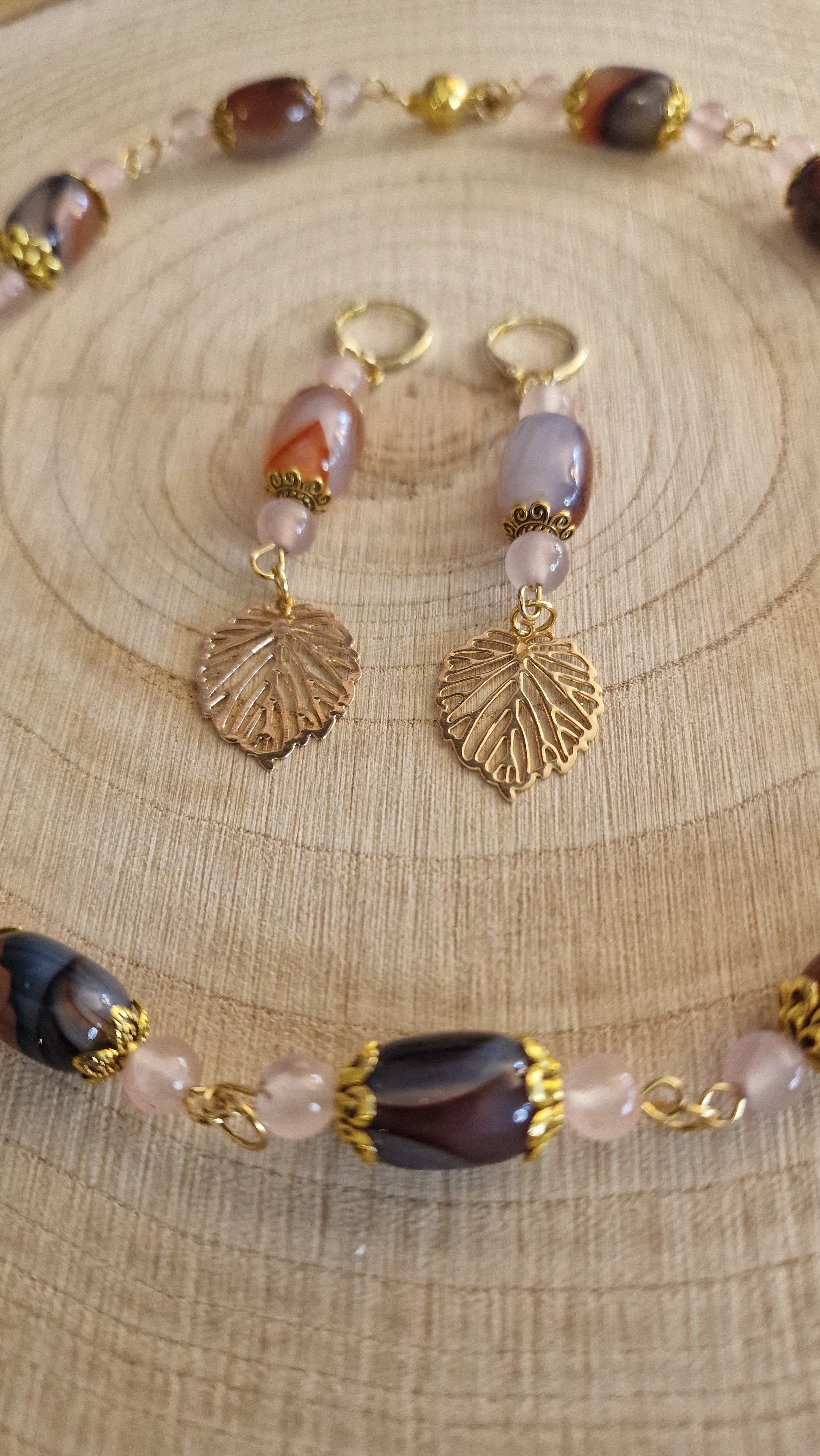 Botanik Set – Achat & Rosenquarz | Halskette & Ohrringe Gold