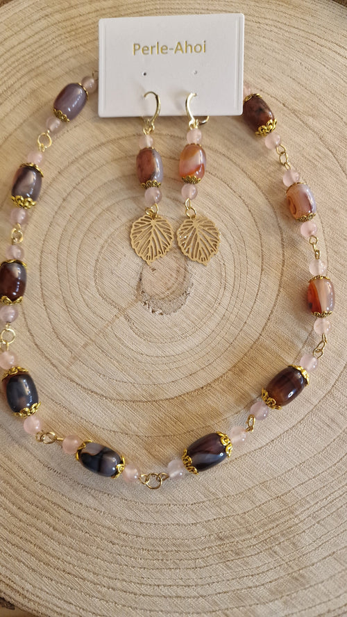 Botanik Set – Achat & Rosenquarz Halskette und Ohrringe handgefertigt
