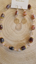 Botanik Set – Halskette und Ohrringe auf Holz, Achat & Rosenquarz
