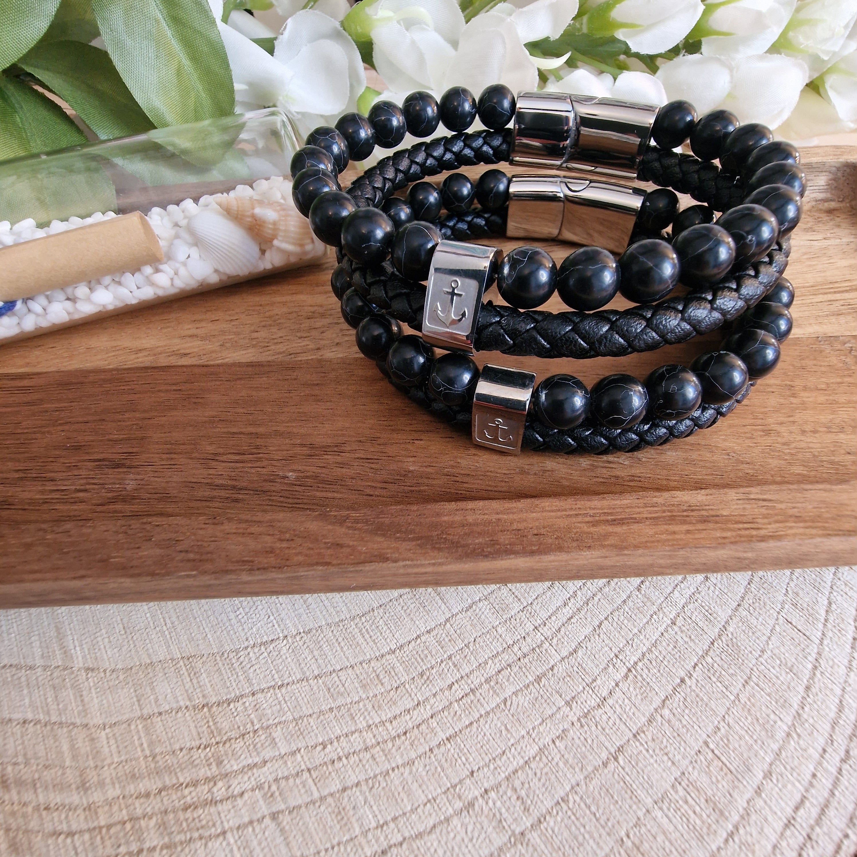 Herren Armband Mit Anker-Muster Aus Naturstein, Schwarz Gefärbt, Gewebte Kette Aus Geflochtenem Lederband