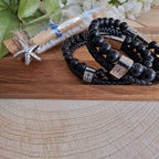 Herren Armband Mit Anker-Muster Aus Naturstein, Schwarz Gefärbt, Gewebte Kette Aus Geflochtenem Lederband