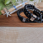 Herren Armband Mit Anker-Muster Aus Naturstein, Schwarz Gefärbt, Gewebte Kette Aus Geflochtenem Lederband