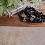 Herren Armband Mit Anker-Muster Aus Naturstein, Schwarz Gefärbt, Gewebte Kette Aus Geflochtenem Lederband