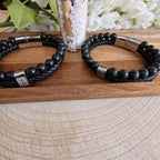 Herren Armband Mit Anker-Muster Aus Naturstein, Schwarz Gefärbt, Gewebte Kette Aus Geflochtenem Lederband