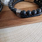 Herren Armband Mit Anker-Muster Aus Naturstein, Schwarz Gefärbt, Gewebte Kette Aus Geflochtenem Lederband
