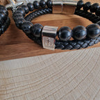 Herren Armband Mit Anker-Muster Aus Naturstein, Schwarz Gefärbt, Gewebte Kette Aus Geflochtenem Lederband