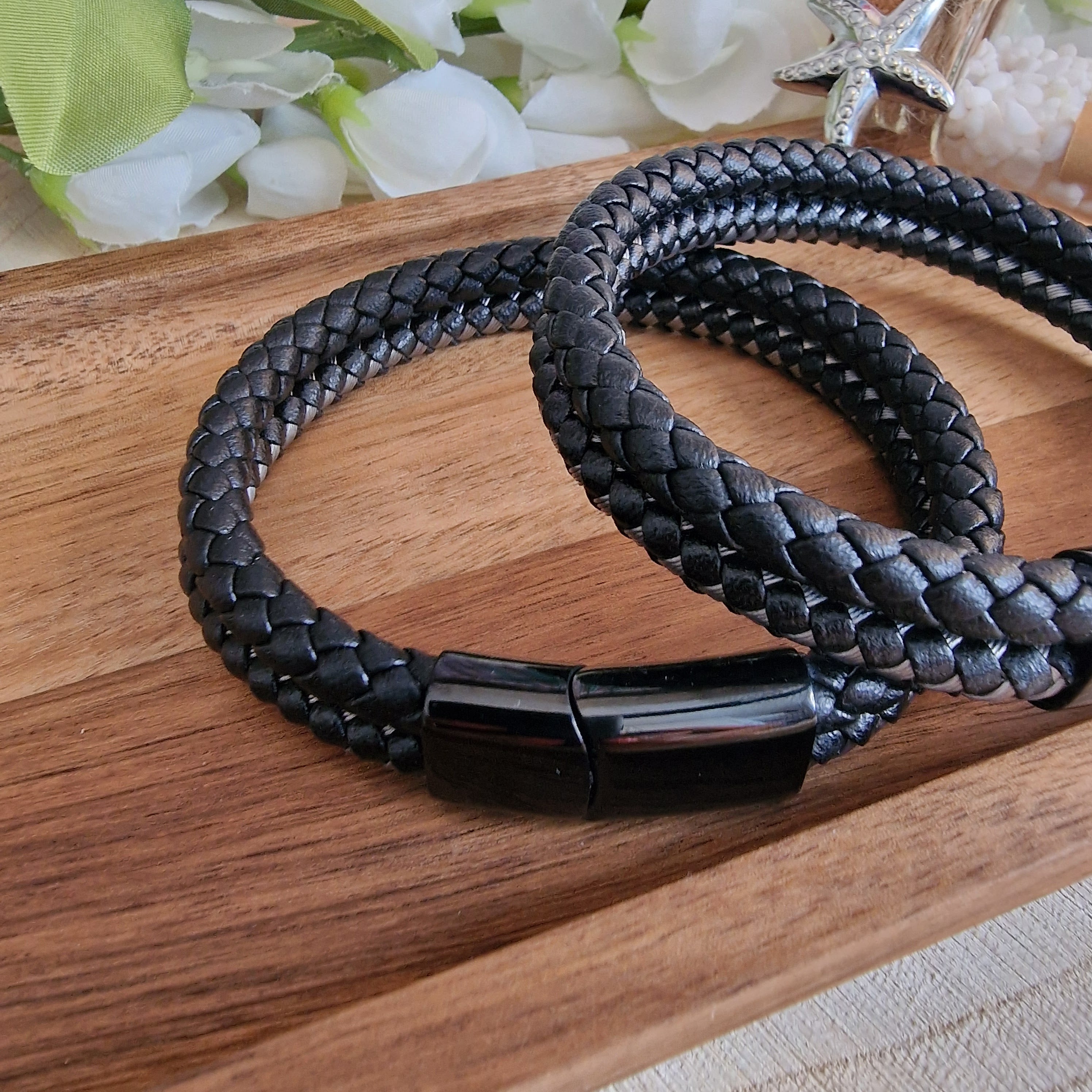  Herren Lederarmband geflochten schwarz mit Magnetverschluss