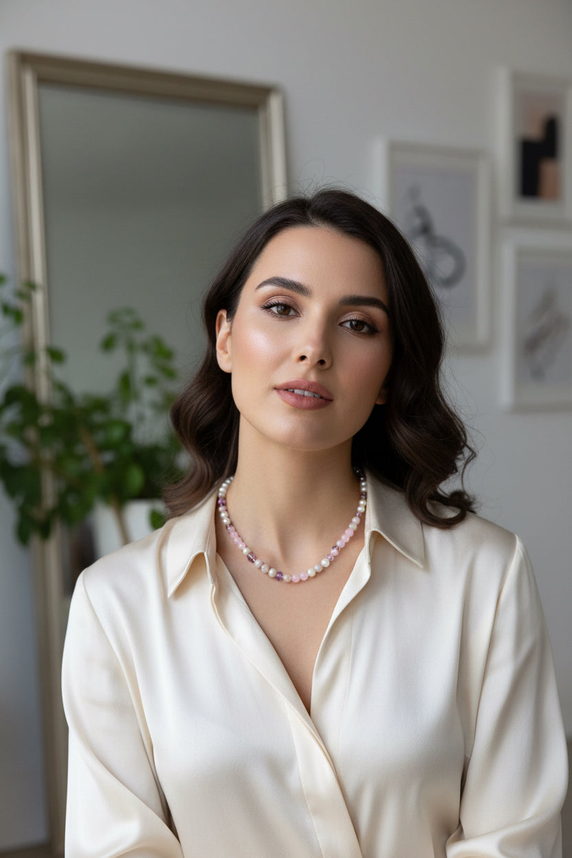 Eine Frau trägt eine Rosa Perlenhalskette