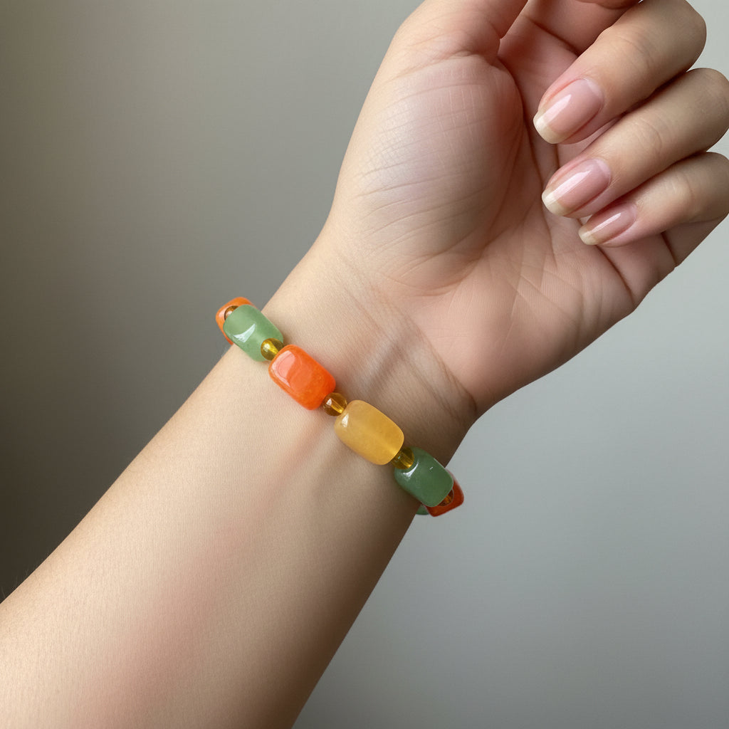 Ein Frauenarm trägt ein perlenarmband 