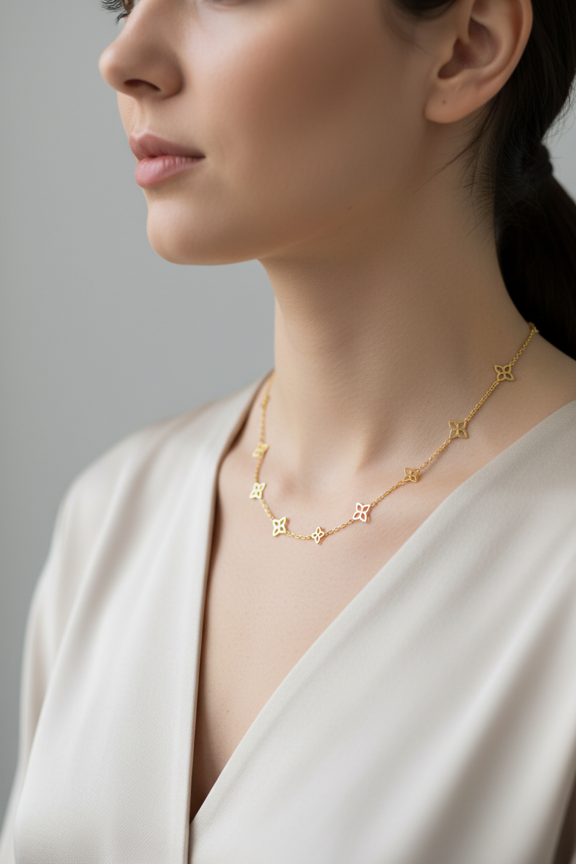 Trageansicht: "Frau trägt Blumenmeer Halskette Gold 42cm"