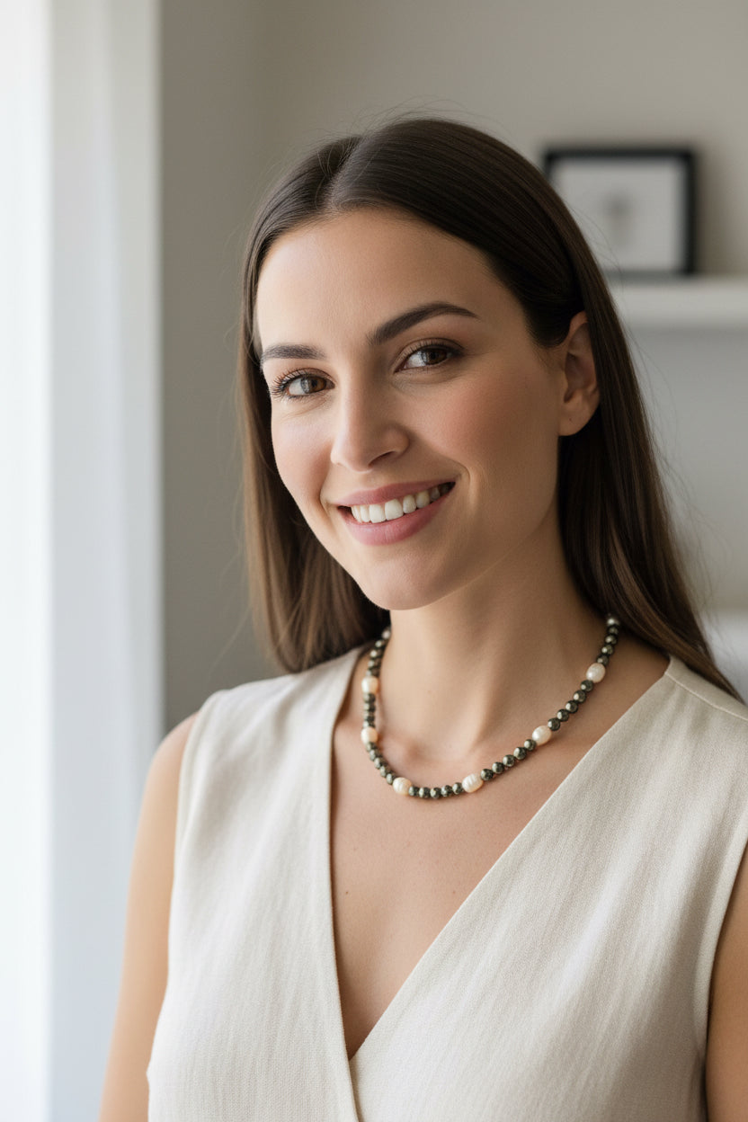 Eine Frau trägt eine Hämatit Perlenkette graue Farbe mit Süßwasserperlen
