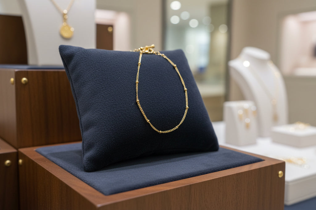 Armband mit filigranen kleinen Kügelchen befindet sich auf ein blaues Schmuck Display
