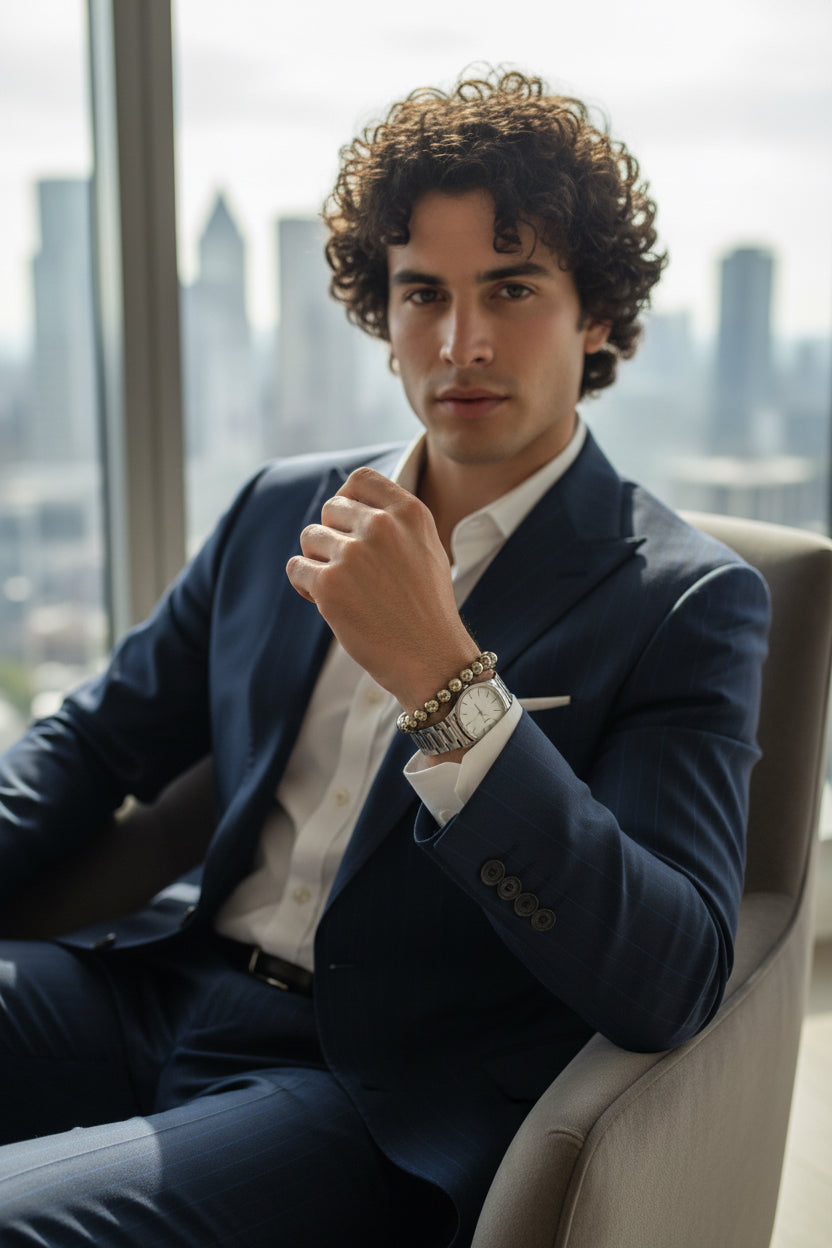 Ein Mann sitzend trägt das Armband Silverlook 