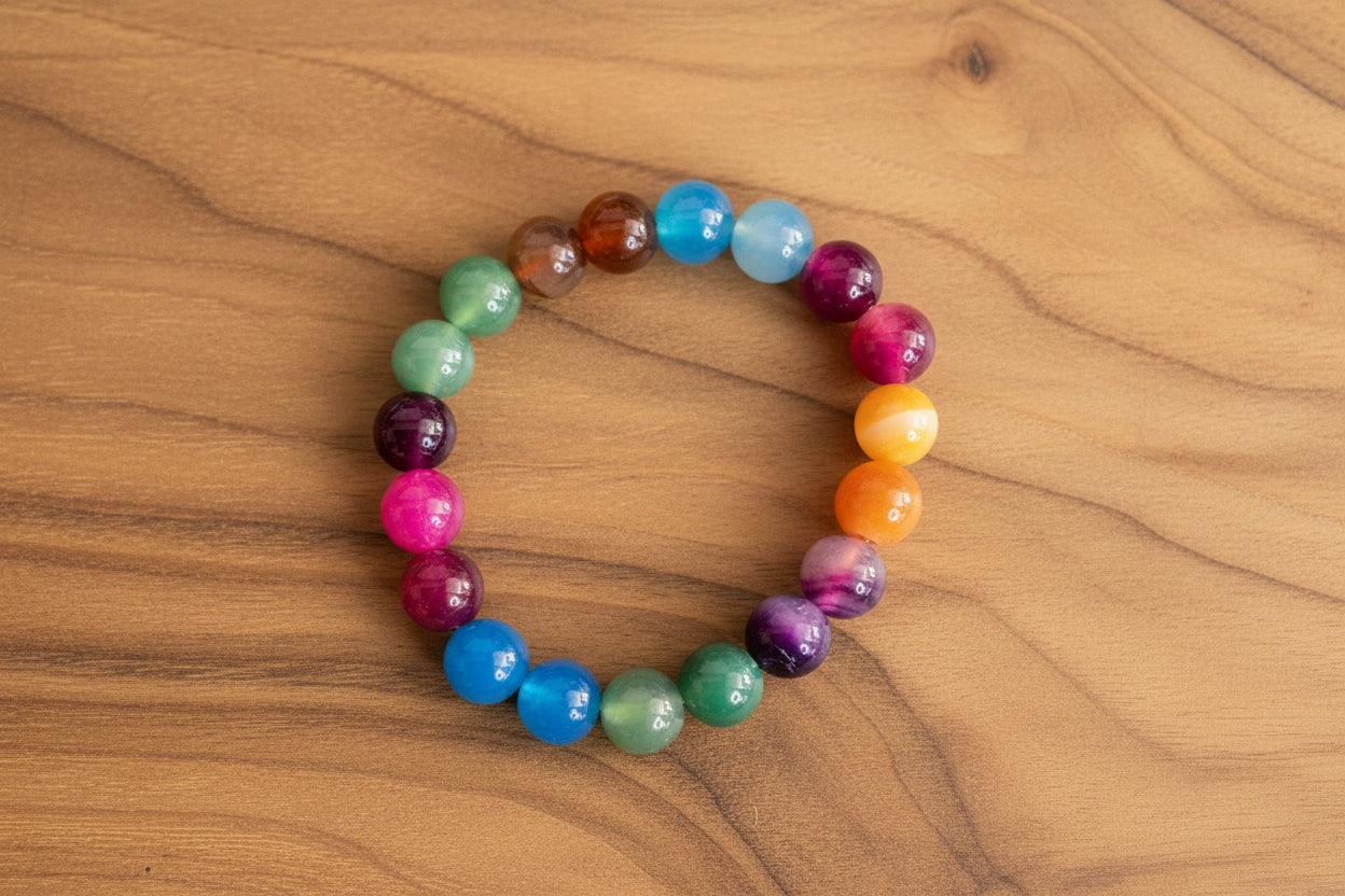 Perlenarmband liegt auf holzplatte