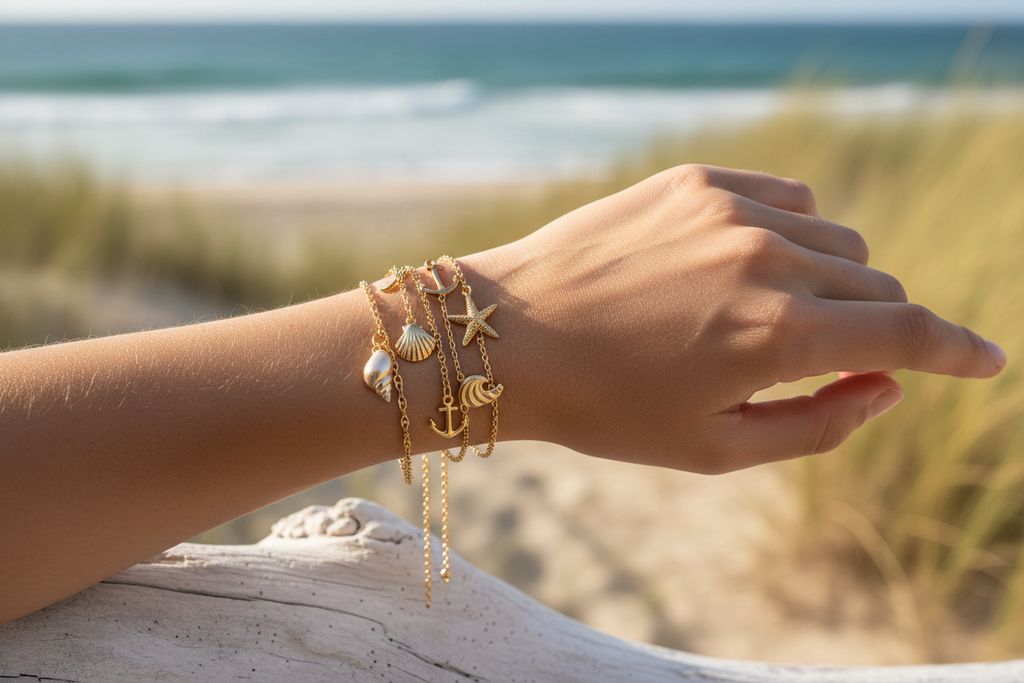 Frau trägt Armbänder mit Charms