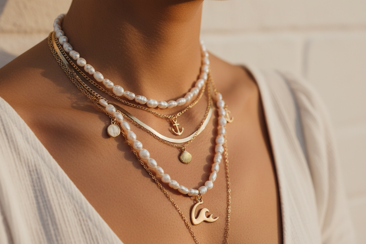 Frauenhals mit mehreren modernen DIY-Ketten