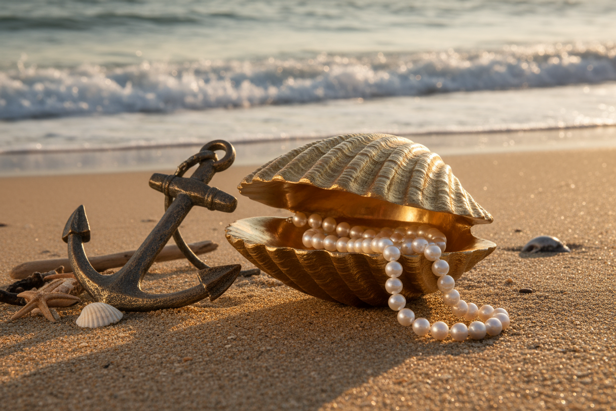 Perlenkette in große goldene muschel Meer Sandstrand Anker 